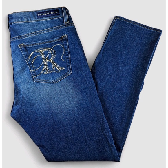 Rock & Republic Berlin Jeans Womens Size 16 Dark Wash Stretchy Denim Gold Studs - Picture 1 of 9